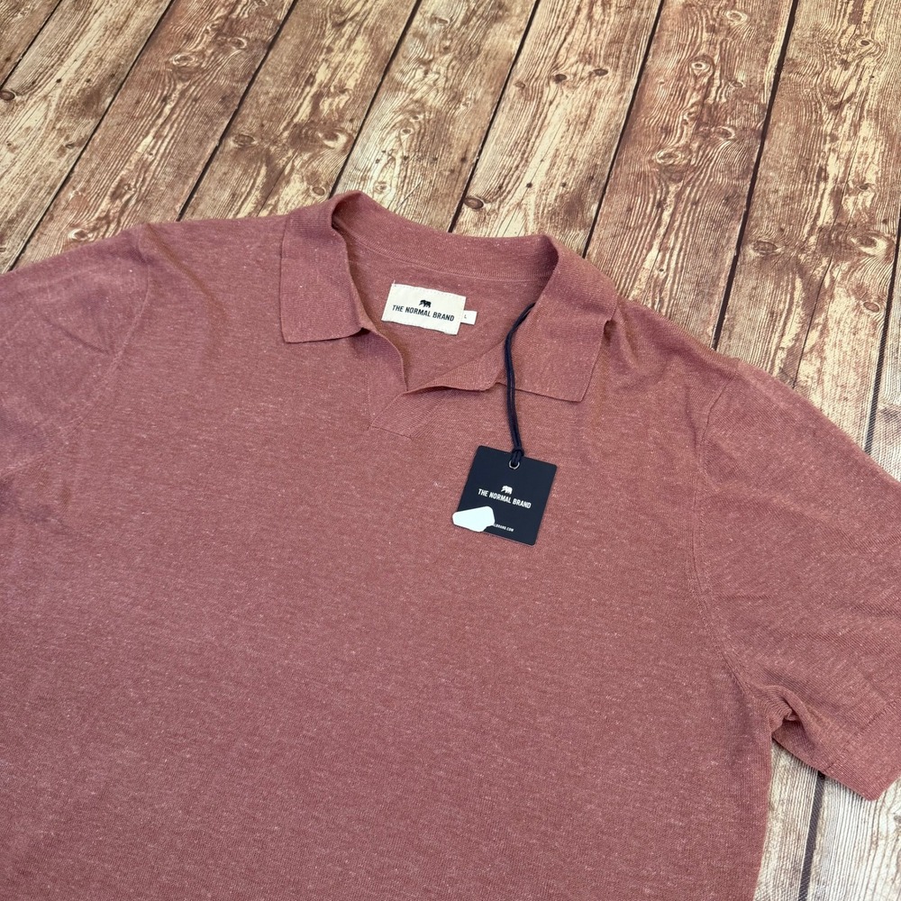 The Normal Brand Fine Gauge Johnny Collar Polo Mens Large Rose Linen Blend NWT